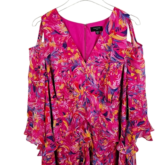 Tahari ASL Pink Printed Cold-Shoulder Asymmetric-Ruffle Dress NWT - Picture 10 of 16